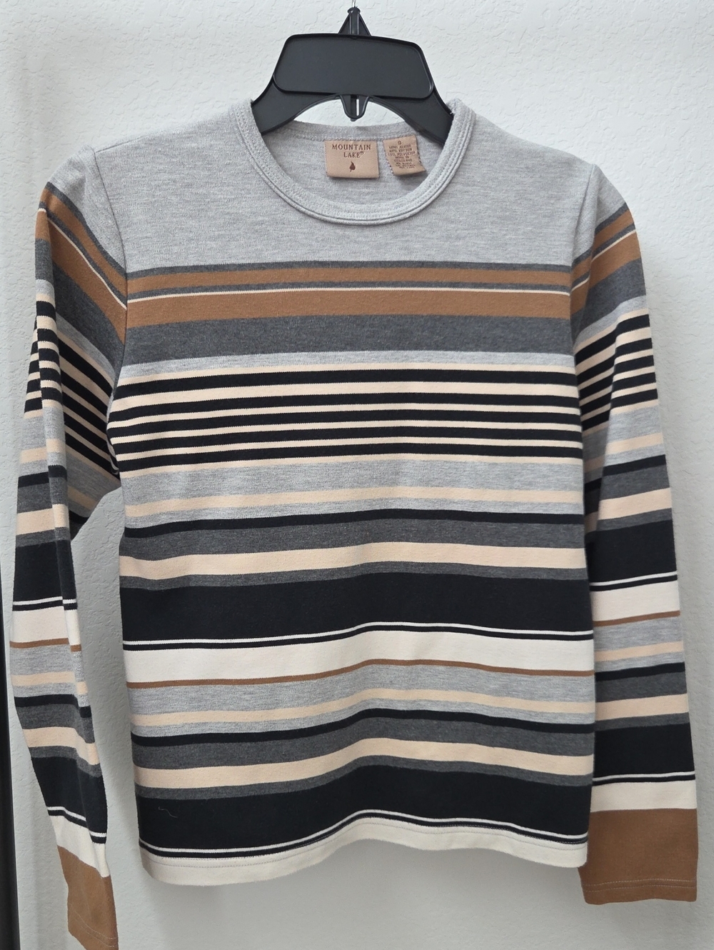 Womens Mountain Lake Lomg Sleeve Shirt Layer Gray Brown Cream Striped Crewneck